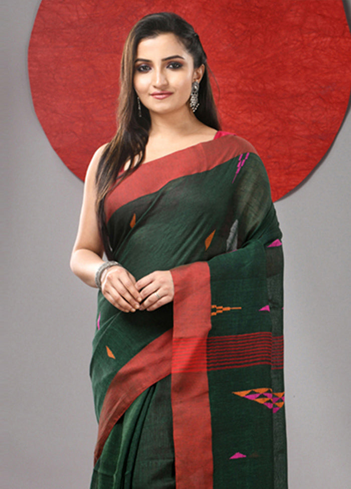 Green Linen Silk Saree With Blouse Piece