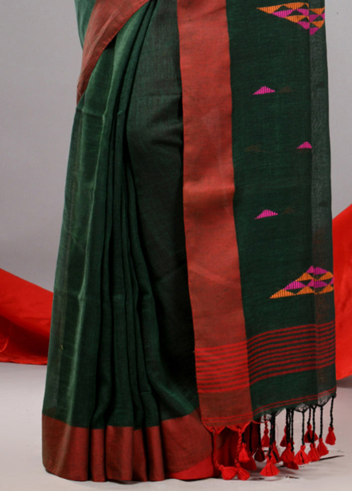 Green Linen Silk Saree With Blouse Piece