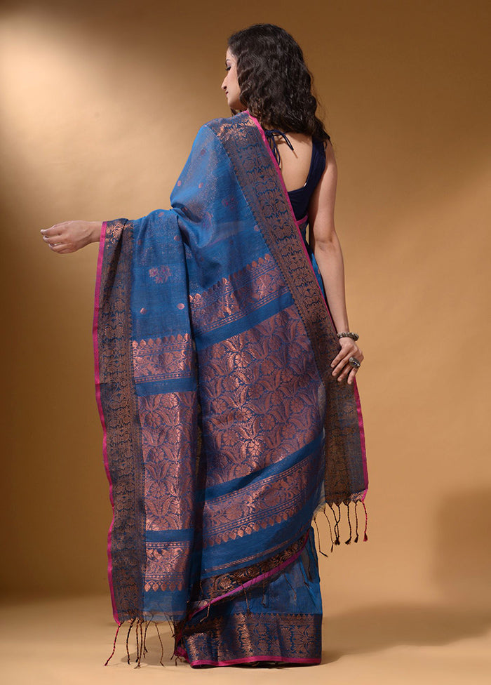 Blue Pure Cotton Saree With Blouse Piece - Indian Silk House Agencies