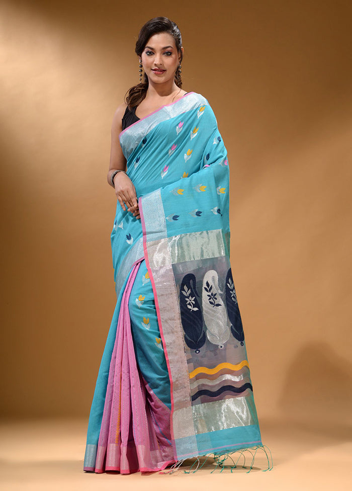 Sky Blue Pure Cotton Saree With Blouse Piece - Indian Silk House Agencies