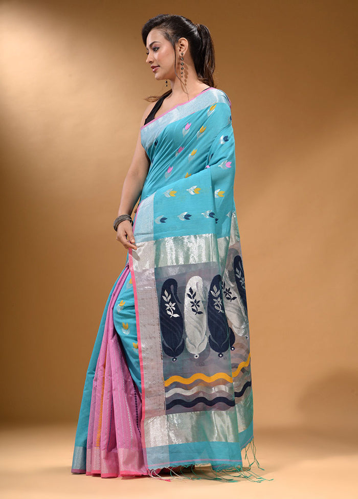 Sky Blue Pure Cotton Saree With Blouse Piece - Indian Silk House Agencies