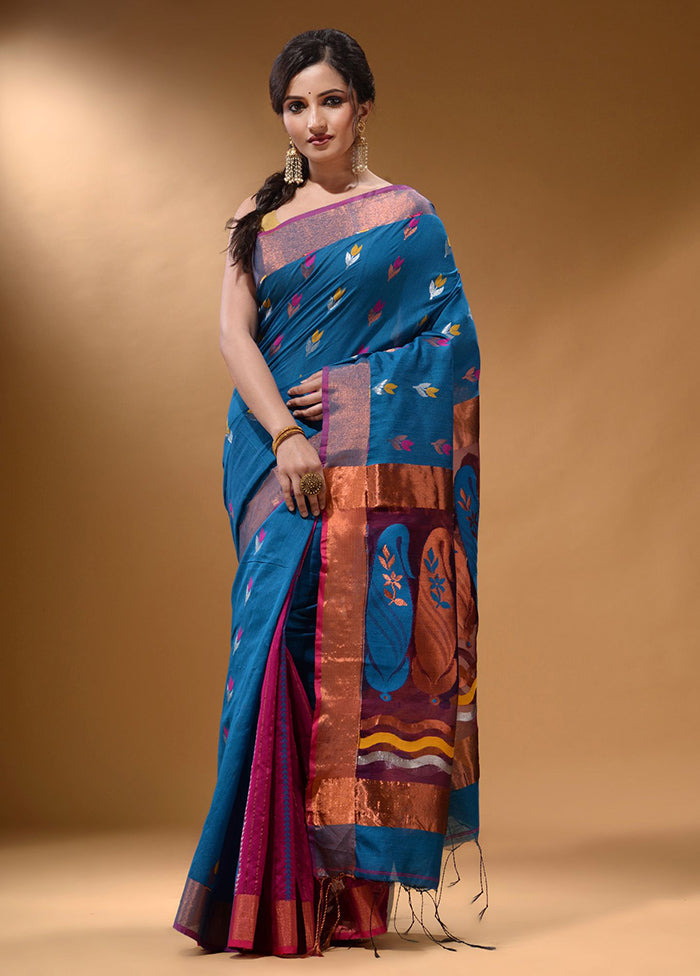 Blue Pure Cotton Saree With Blouse Piece - Indian Silk House Agencies