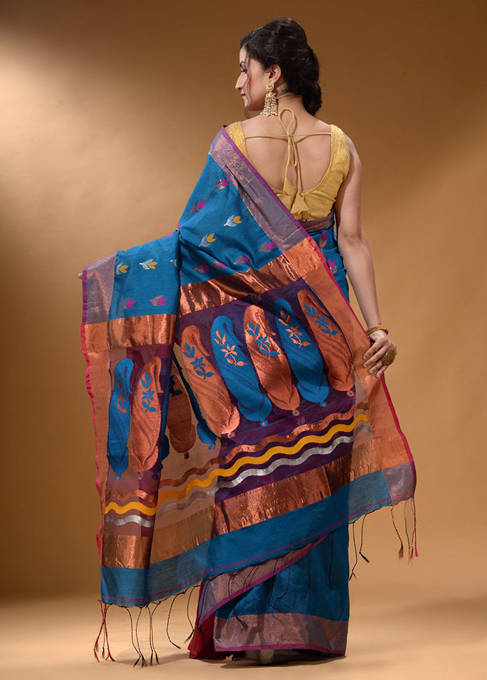 Blue Pure Cotton Saree With Blouse Piece - Indian Silk House Agencies