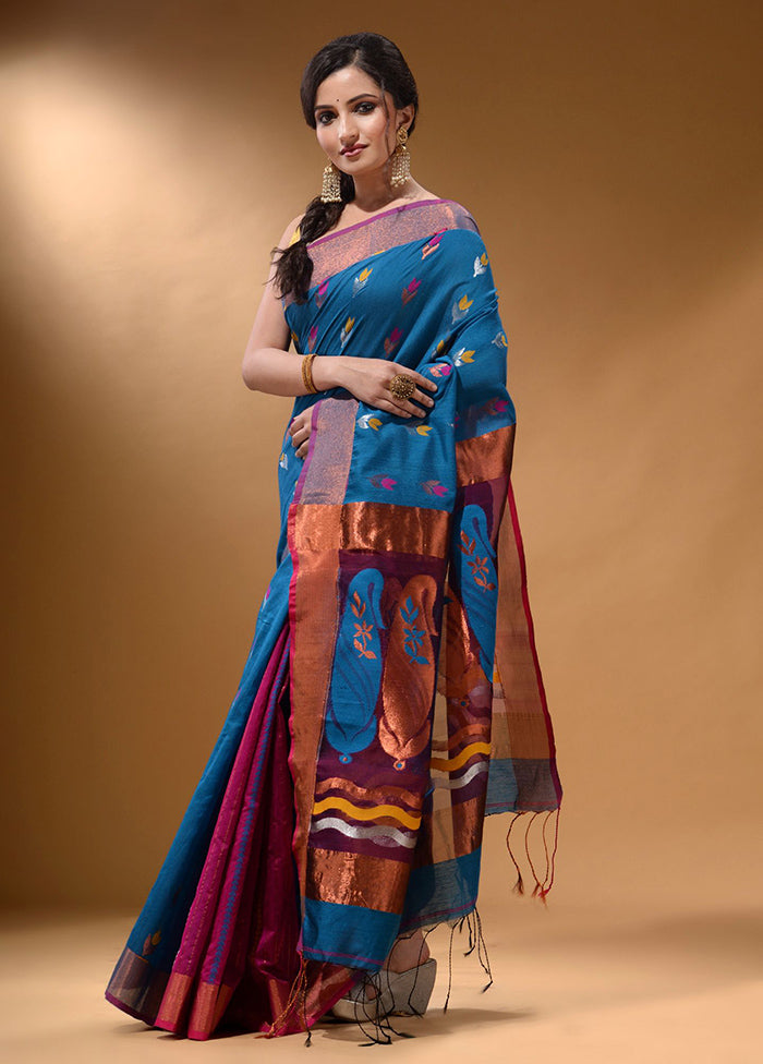 Blue Pure Cotton Saree With Blouse Piece - Indian Silk House Agencies