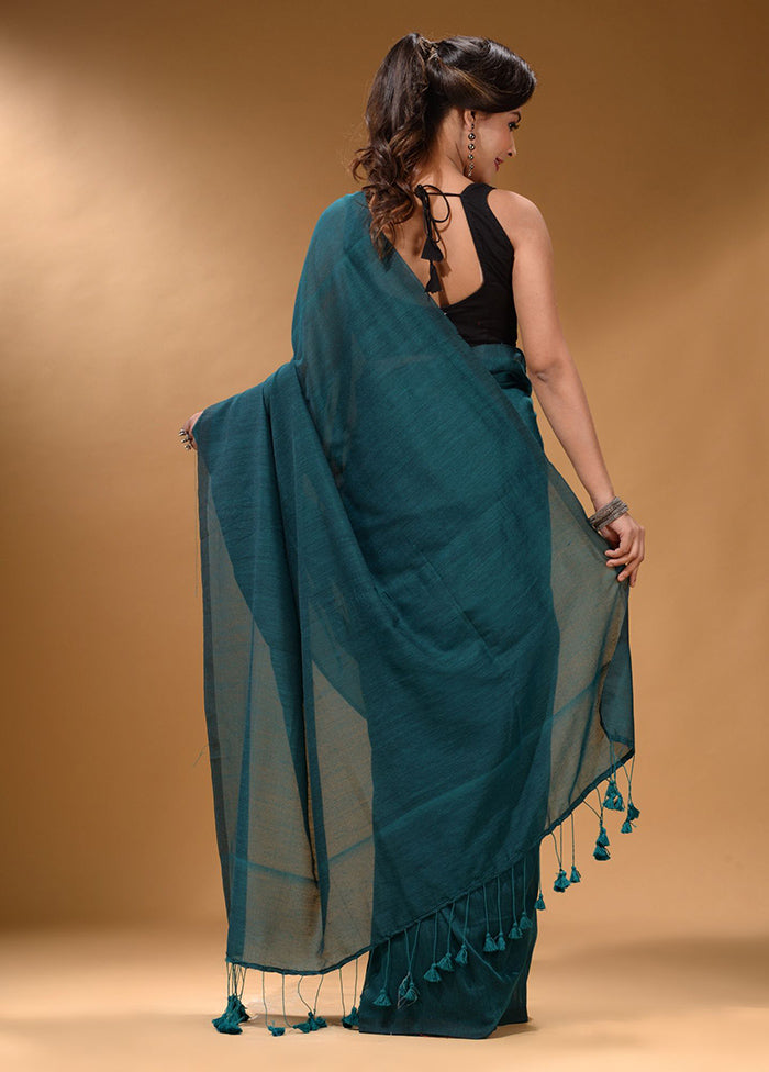 Teal Pure Cotton Saree With Blouse Piece - Indian Silk House Agencies