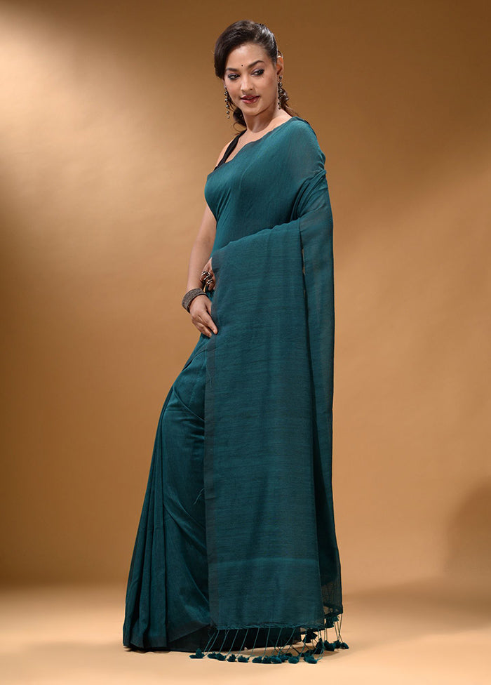 Teal Pure Cotton Saree With Blouse Piece - Indian Silk House Agencies