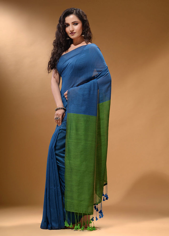 Blue Pure Cotton Saree With Blouse Piece - Indian Silk House Agencies