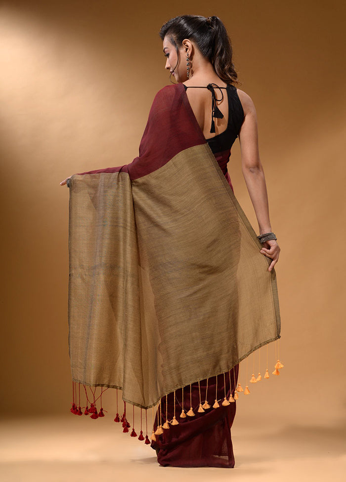 Maroon Pure Cotton Saree With Blouse Piece - Indian Silk House Agencies