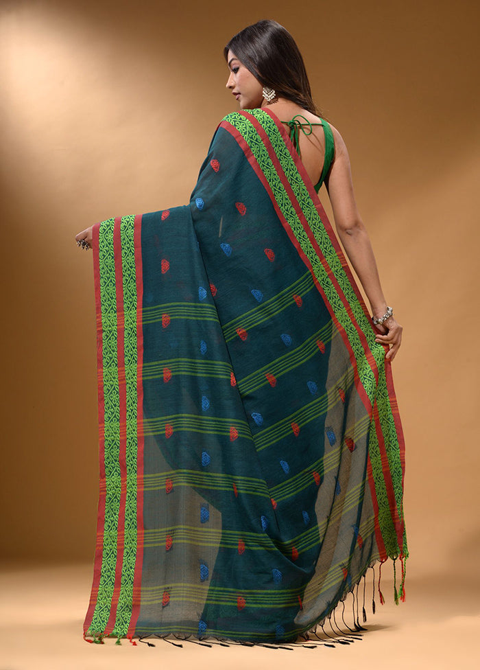 Teal Pure Cotton Saree With Blouse Piece - Indian Silk House Agencies