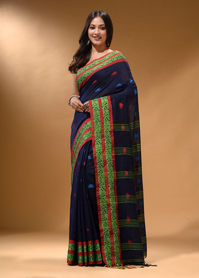 Navy Blue Pure Cotton Saree With Blouse Piece - Indian Silk House Agencies