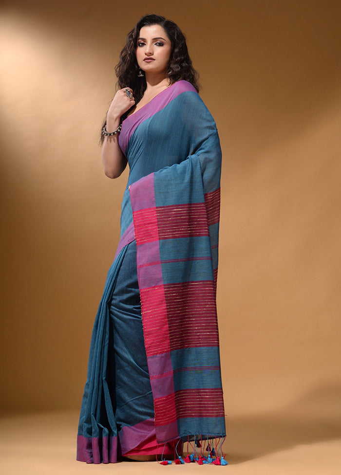 Blue Pure Cotton Saree With Blouse Piece - Indian Silk House Agencies