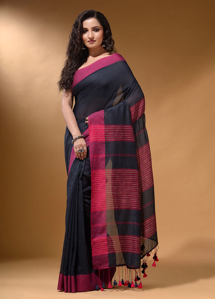 Black Pure Cotton Saree With Blouse Piece - Indian Silk House Agencies