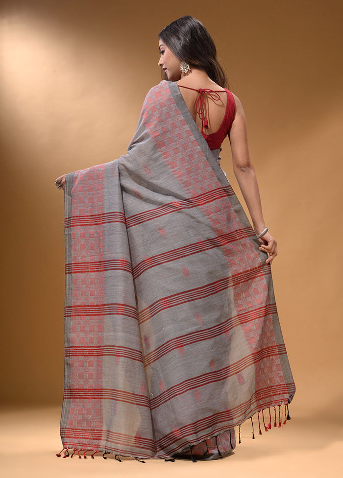 Grey Pure Cotton Saree With Blouse Piece - Indian Silk House Agencies