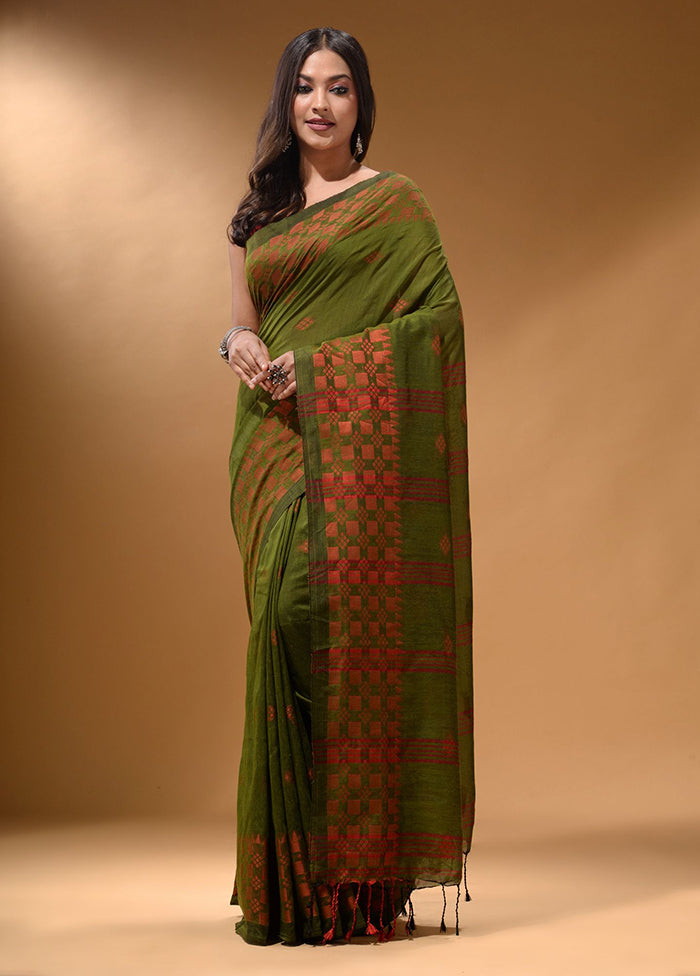 Green Pure Cotton Saree With Blouse Piece - Indian Silk House Agencies