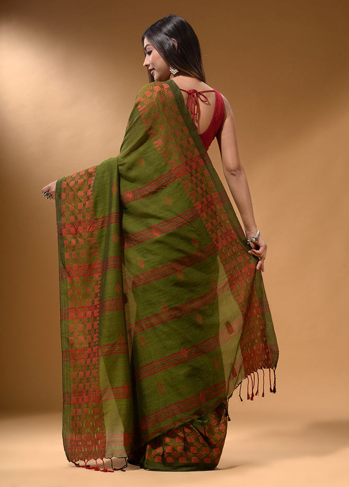 Green Pure Cotton Saree With Blouse Piece - Indian Silk House Agencies