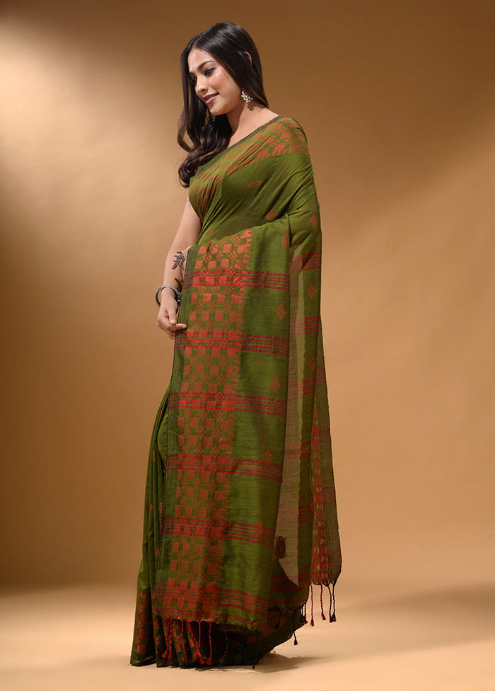 Green Pure Cotton Saree With Blouse Piece - Indian Silk House Agencies