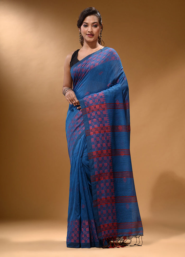 Blue Pure Cotton Saree With Blouse Piece - Indian Silk House Agencies