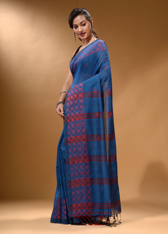 Blue Pure Cotton Saree With Blouse Piece - Indian Silk House Agencies