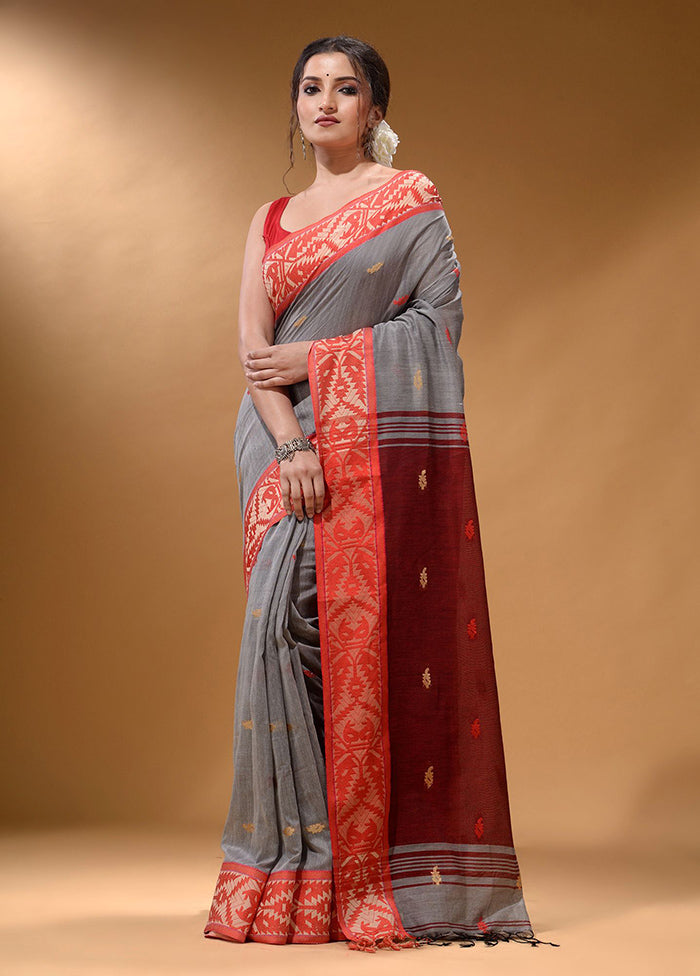 Grey Pure Cotton Saree With Blouse Piece - Indian Silk House Agencies