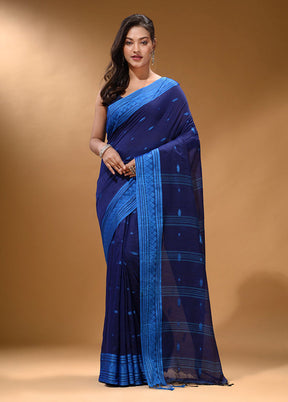 Navy Blue Pure Cotton Saree With Blouse Piece - Indian Silk House Agencies