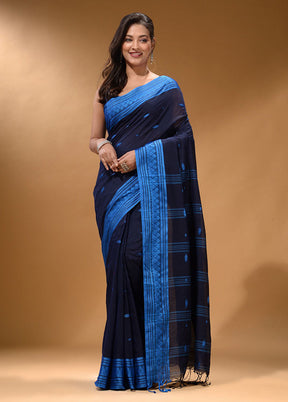 Navy Blue Pure Cotton Saree With Blouse Piece - Indian Silk House Agencies