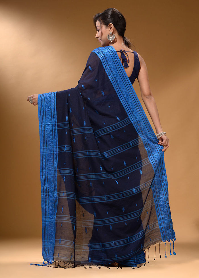 Navy Blue Pure Cotton Saree With Blouse Piece - Indian Silk House Agencies