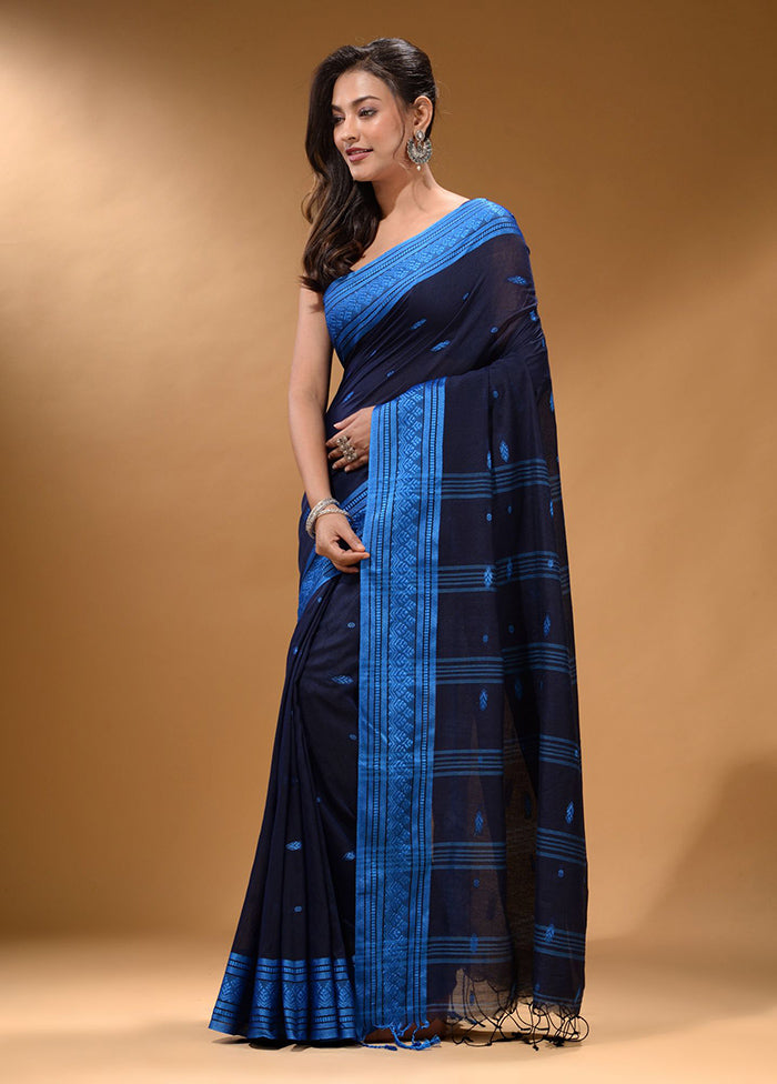 Navy Blue Pure Cotton Saree With Blouse Piece - Indian Silk House Agencies