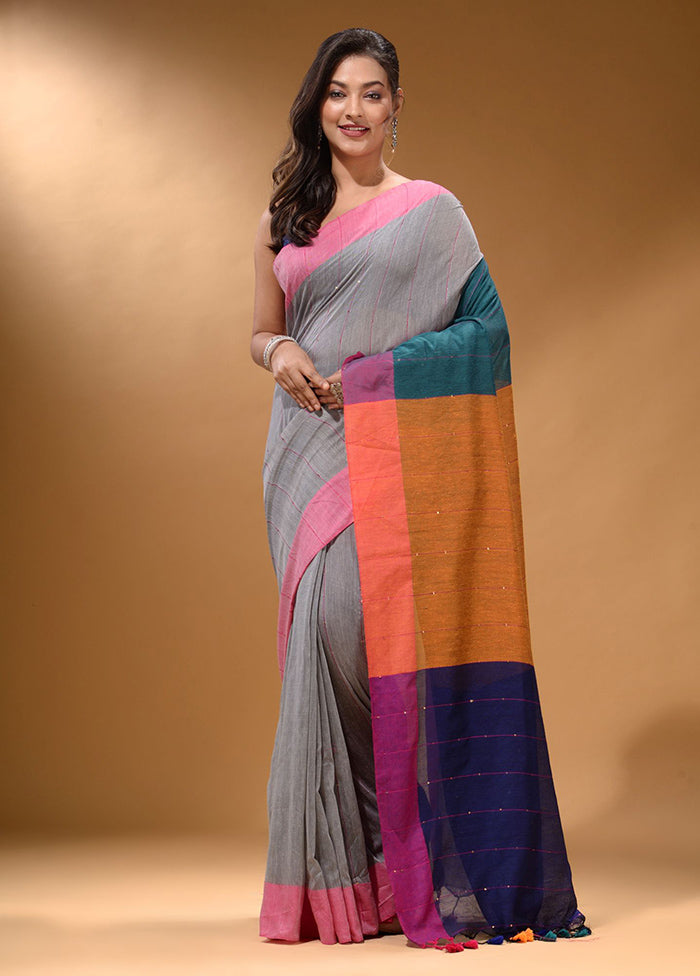 Grey Pure Cotton Saree With Blouse Piece - Indian Silk House Agencies