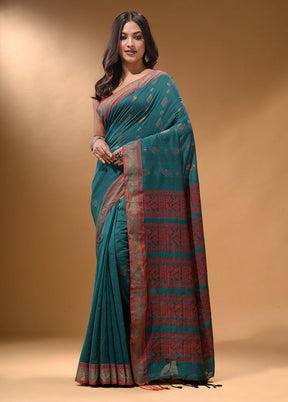 Teal Spun Silk Saree With Blouse Piece - Indian Silk House Agencies