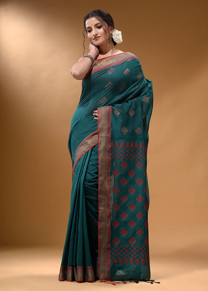 Teal Spun Silk Saree With Blouse Piece - Indian Silk House Agencies