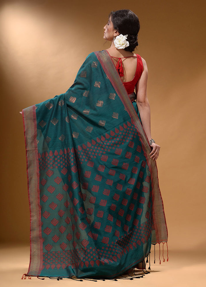 Teal Spun Silk Saree With Blouse Piece - Indian Silk House Agencies