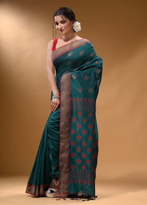 Teal Spun Silk Saree With Blouse Piece - Indian Silk House Agencies