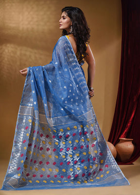 Sky Blue Tant Jamdani Saree With Blouse Piece - Indian Silk House Agencies