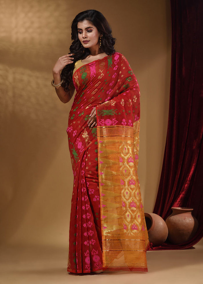 Red Tant Jamdani Saree With Blouse Piece - Indian Silk House Agencies