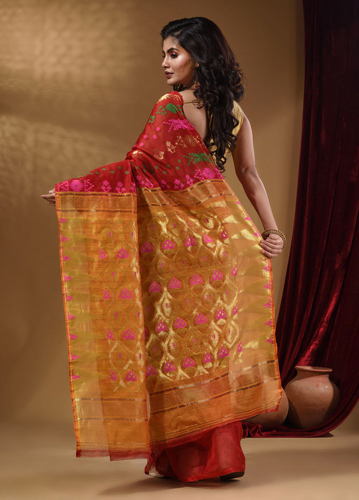 Red Tant Jamdani Saree With Blouse Piece - Indian Silk House Agencies