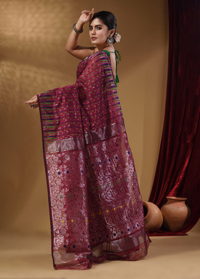 Fuchsia Tant Jamdani Saree With Blouse Piece - Indian Silk House Agencies