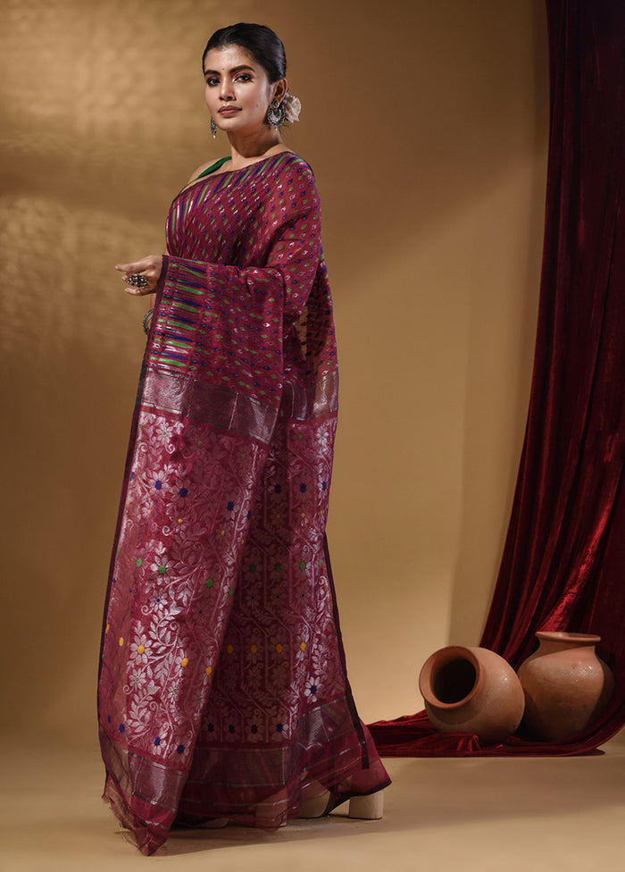 Fuchsia Tant Jamdani Saree With Blouse Piece - Indian Silk House Agencies