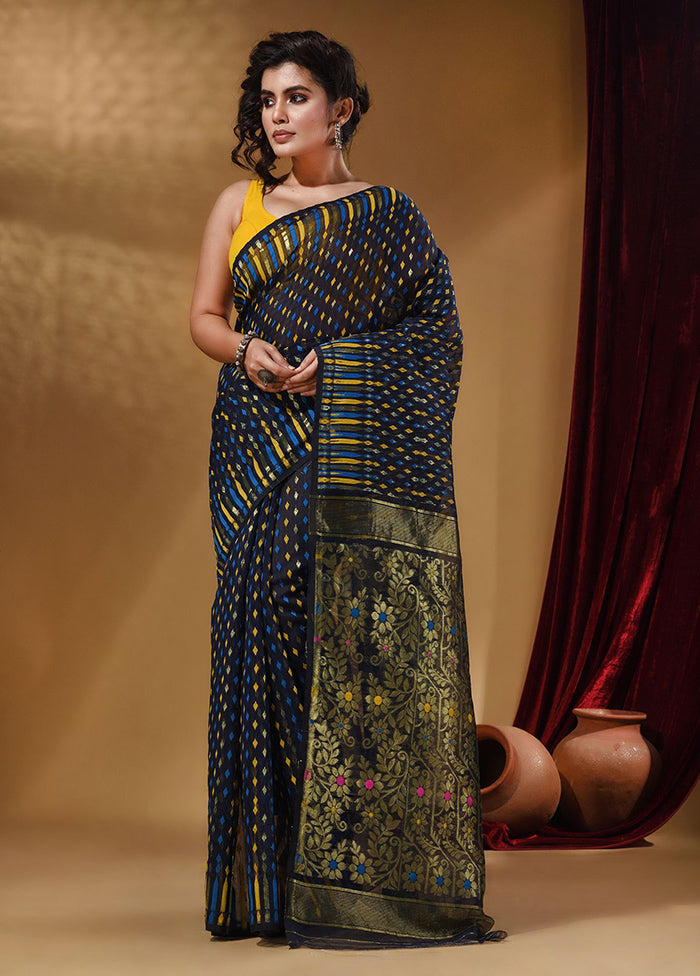 Navy Blue Tant Jamdani Saree With Blouse Piece - Indian Silk House Agencies