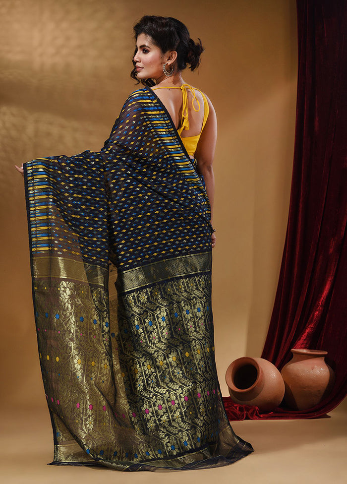 Navy Blue Tant Jamdani Saree With Blouse Piece - Indian Silk House Agencies