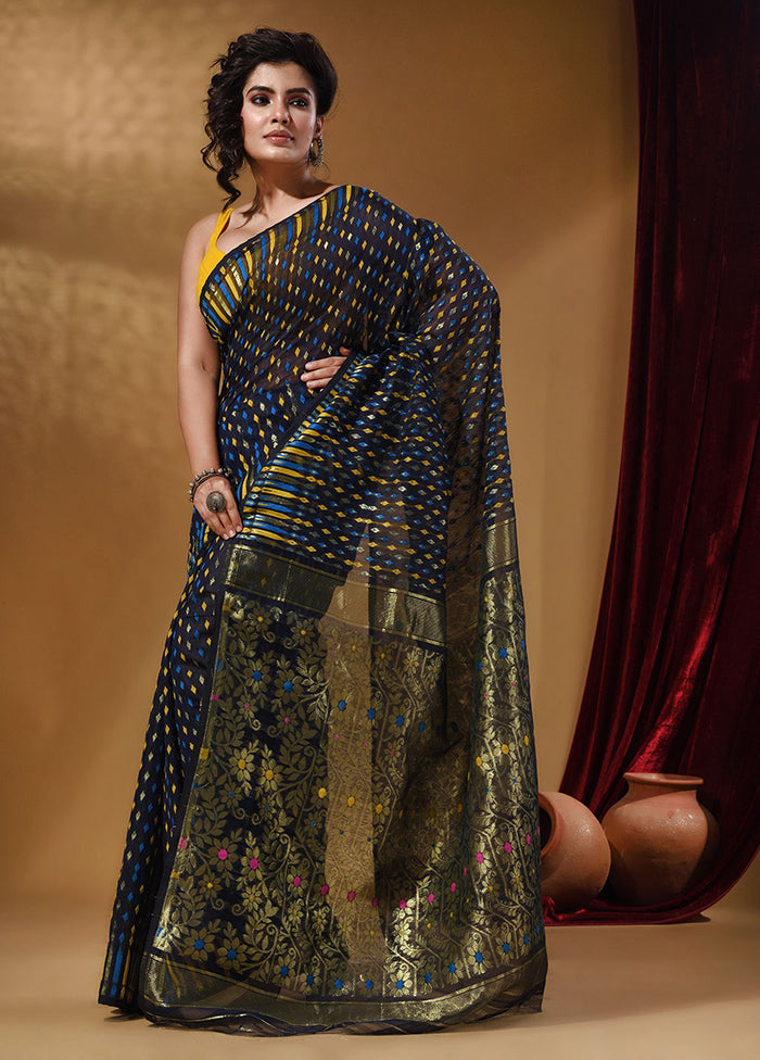 Navy Blue Tant Jamdani Saree With Blouse Piece - Indian Silk House Agencies