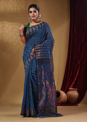 Blue Tant Jamdani Saree With Blouse Piece - Indian Silk House Agencies