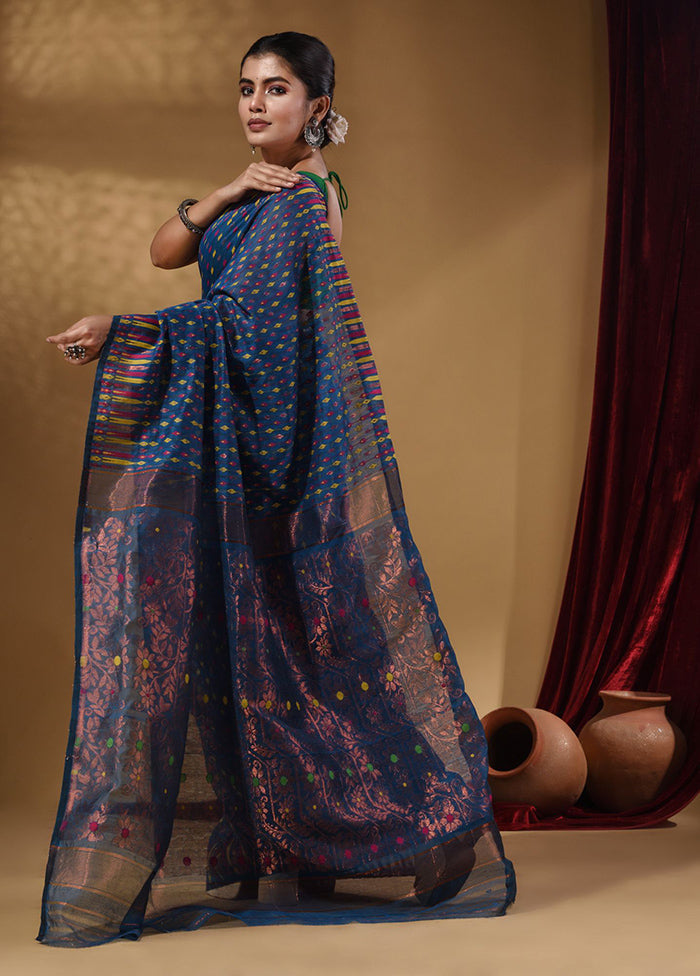 Blue Tant Jamdani Saree With Blouse Piece - Indian Silk House Agencies