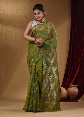 Green Tant Jamdani Saree With Blouse Piece - Indian Silk House Agencies