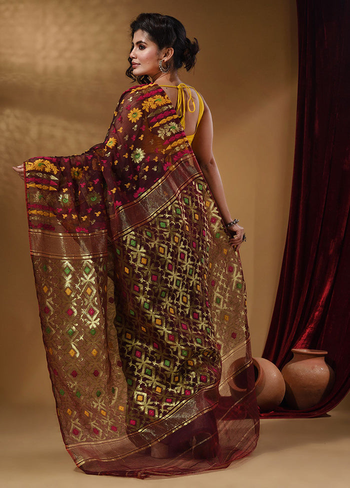 Maroon Tant Jamdani Saree With Blouse Piece - Indian Silk House Agencies