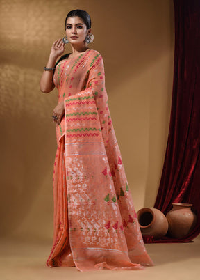 Peach Tant Jamdani Saree With Blouse Piece - Indian Silk House Agencies