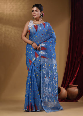 Sky Blue Tant Jamdani Saree With Blouse Piece - Indian Silk House Agencies