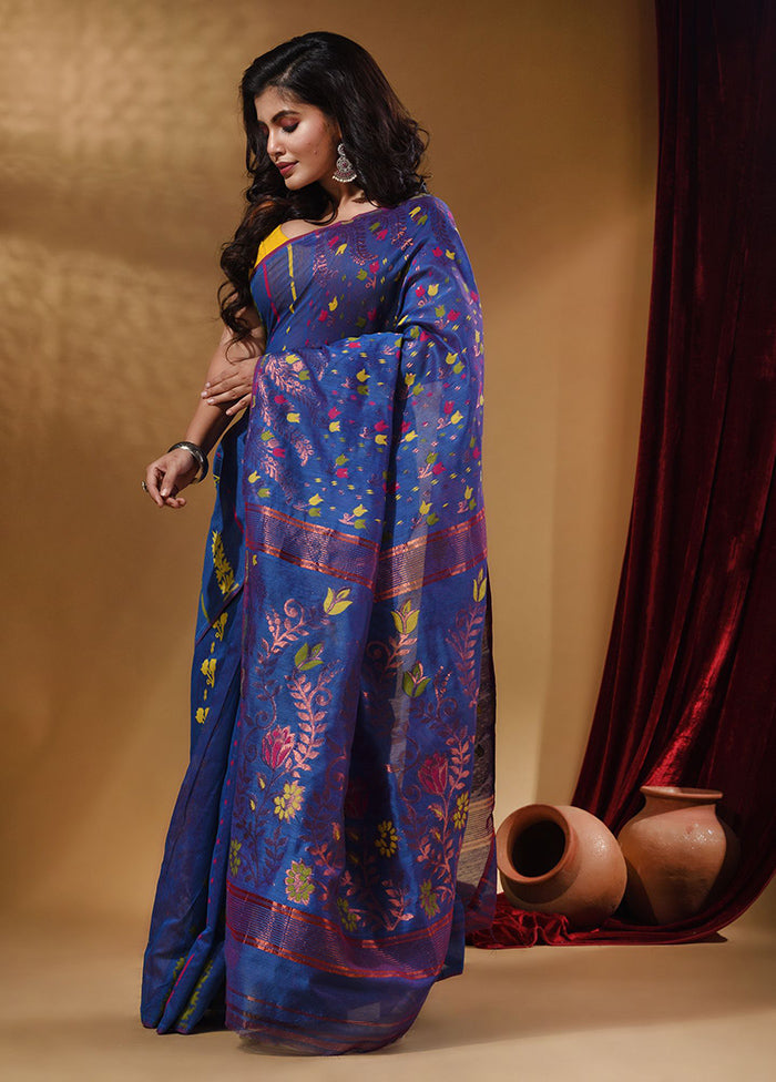 Blue Tant Jamdani Saree With Blouse Piece - Indian Silk House Agencies