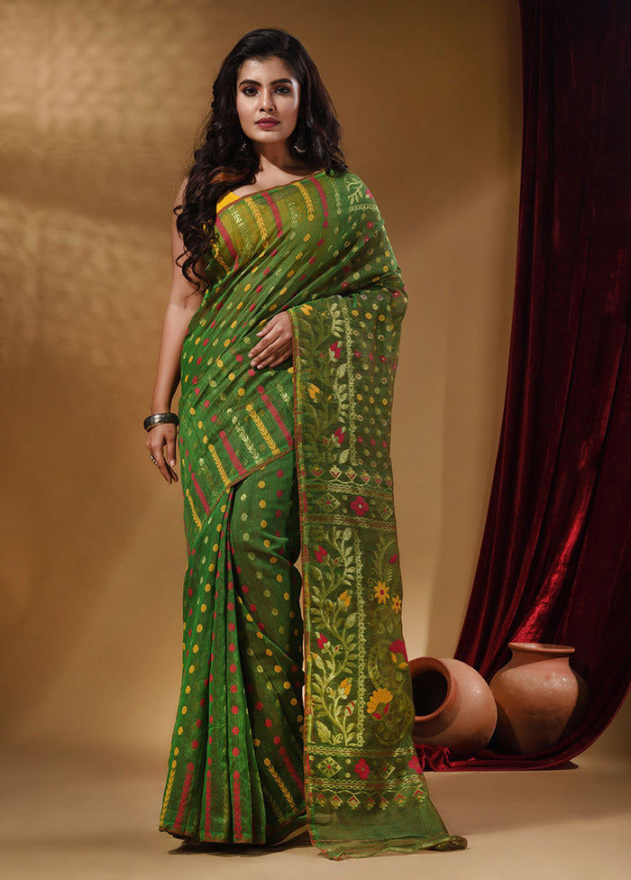 Green Tant Jamdani Saree With Blouse Piece - Indian Silk House Agencies