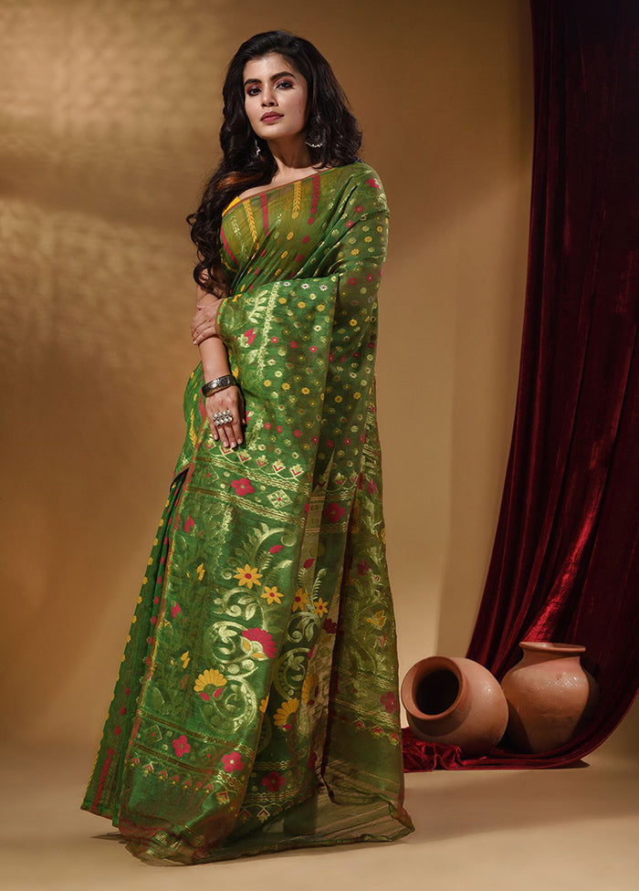 Green Tant Jamdani Saree With Blouse Piece - Indian Silk House Agencies