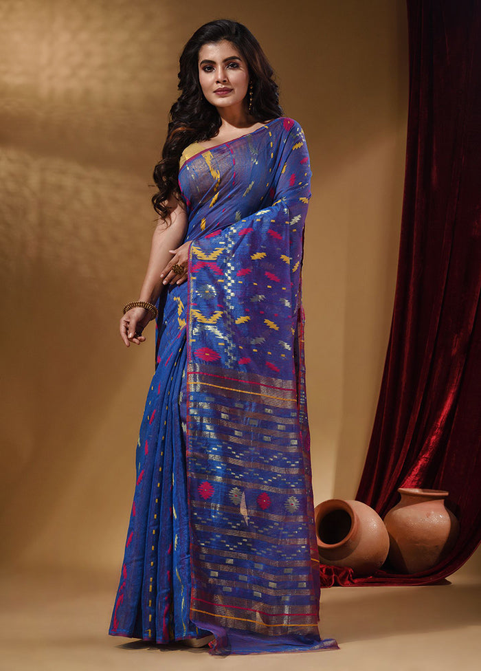 Blue Tant Jamdani Saree With Blouse Piece - Indian Silk House Agencies